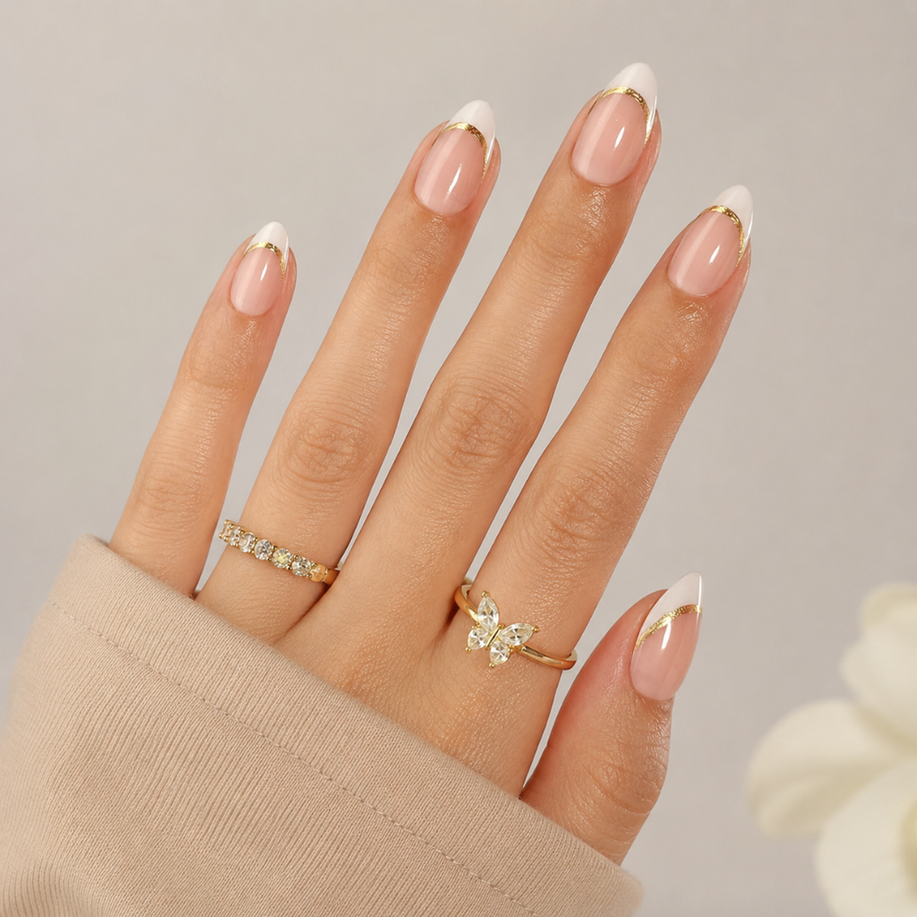 Golden Grace Almond Medium Press-On Nails — Gold French Tips