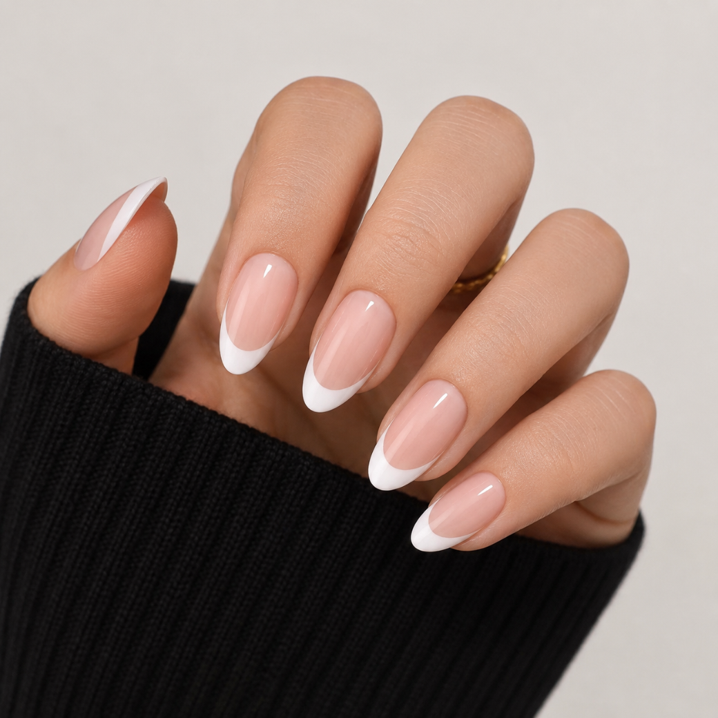 Classic Muse Almond Medium Press-On Nails — Glossy White French