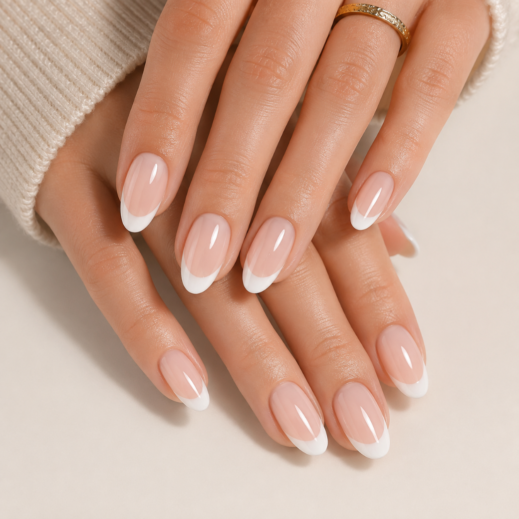 Classic Muse Almond Medium Press-On Nails — Glossy White French