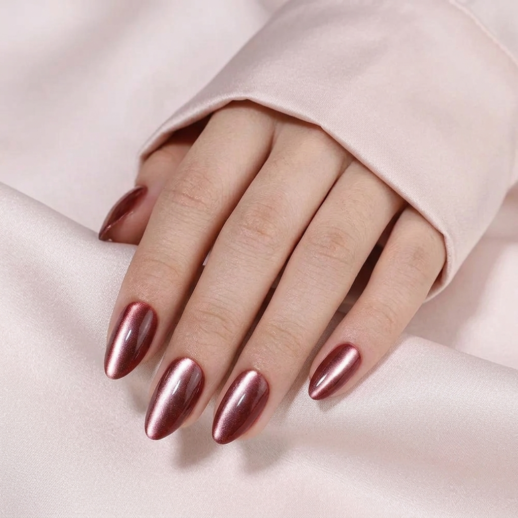 Velvet Mocha Almond Medium Press-On Nails — Bronze Cat-Eye