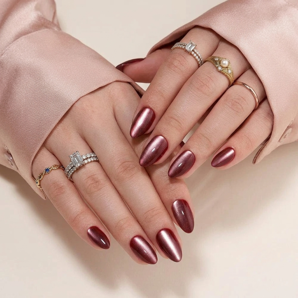 Velvet Mocha Almond Medium Press-On Nails — Bronze Cat-Eye