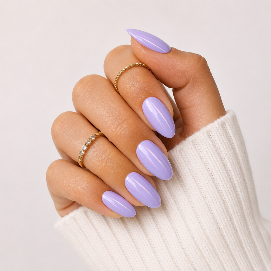 Pearl Veil Almond Short Press-On Nails — Glazed Lilac
