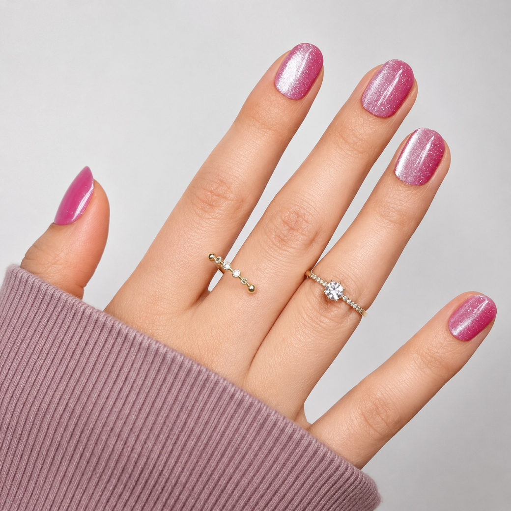 Rosy Aurora Natural Extra Short Press-On Nails — Pink Cat-Eye