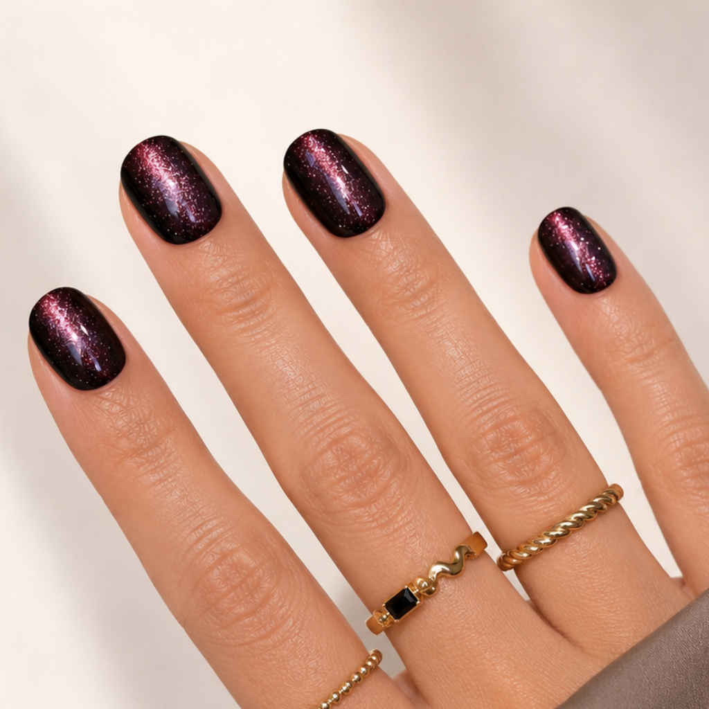 Midnight Amour Natural Extra Short Press-On Nails — Burgundy Cat-Eye