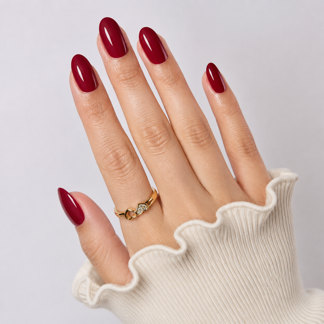Crimson Muse Oval Medium Press-On Nails — Glossy Cherry Red