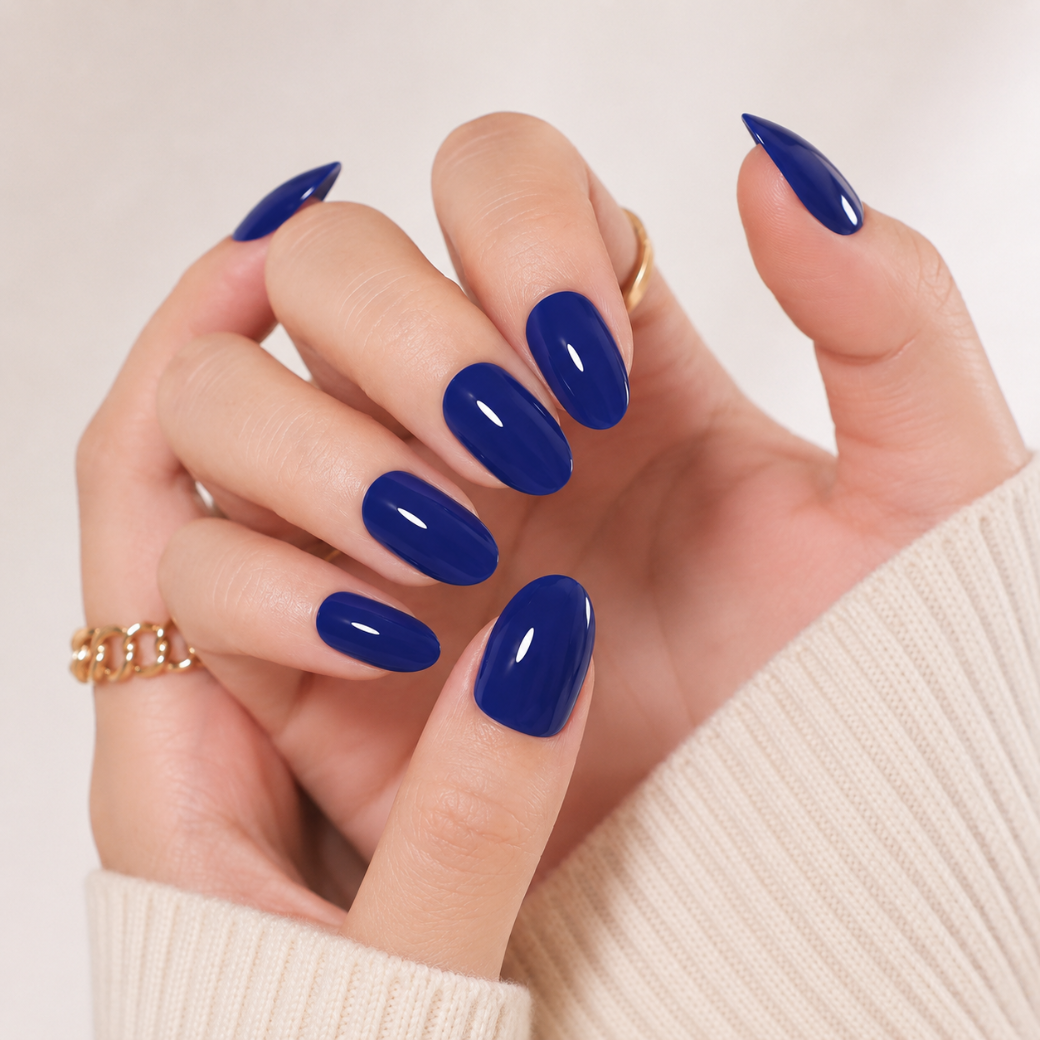 Midnight Sapphire Short Oval Press-On Nails — Glossy Royal Blue