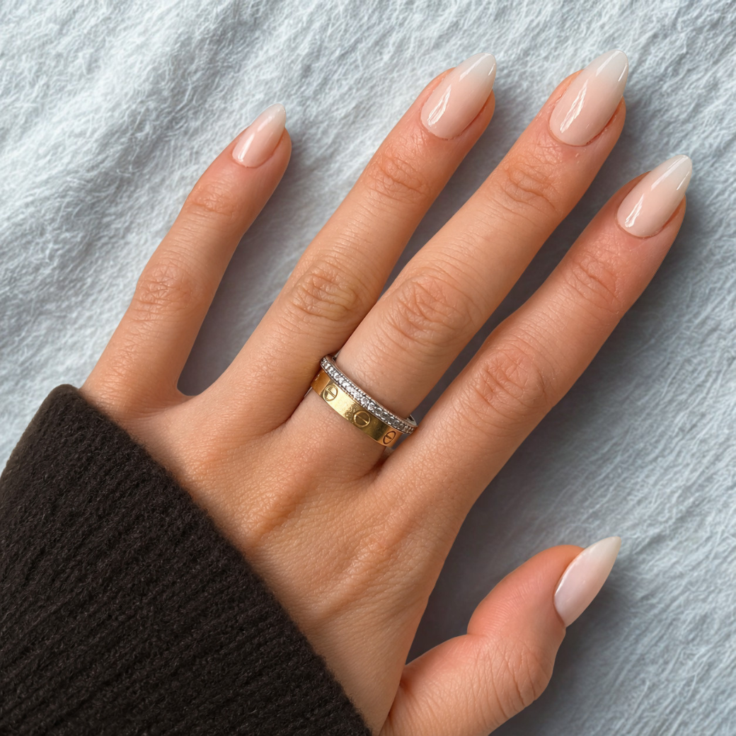 Vanilla Veil Almond Medium Press-On Nails — Glossy Milky Nude