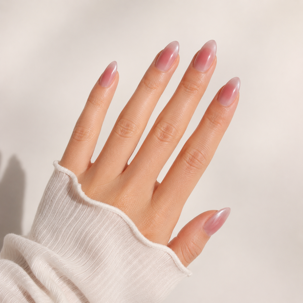 Moonlit Pearl Almond Medium Press-On Nails — White Ombre