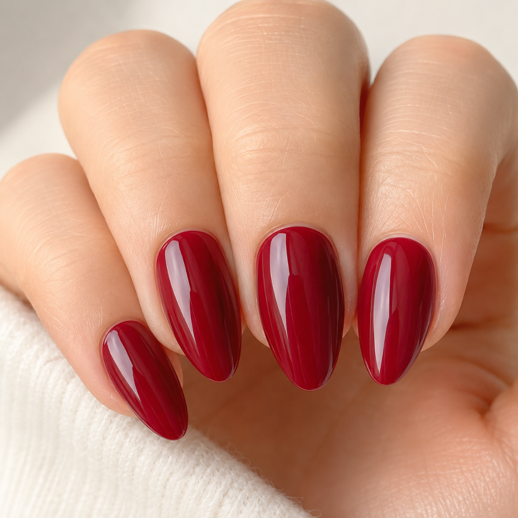 Crimson Kiss Medium Almond Press-On Nails — Glossy Cherry Red