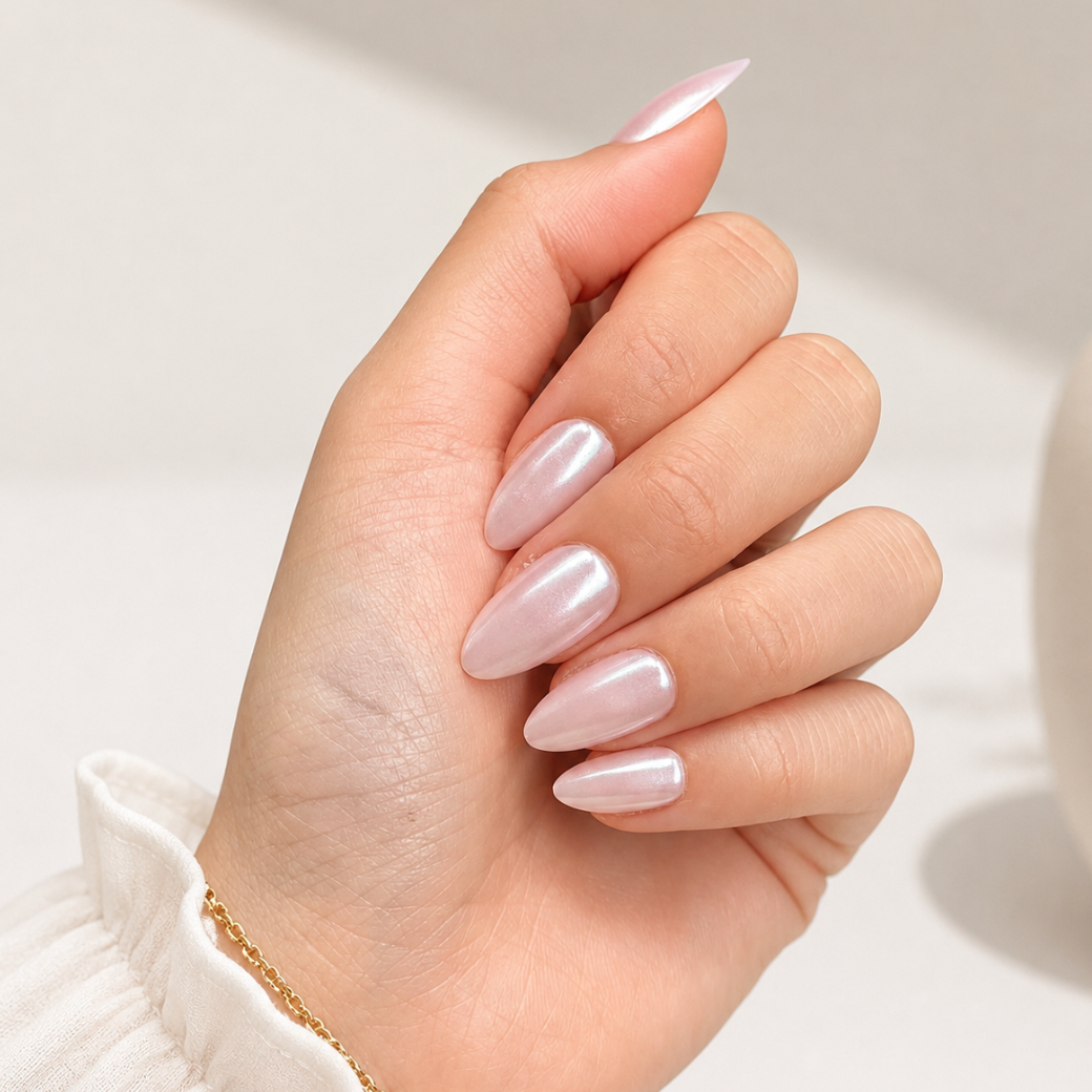 Blush Aura Almond Medium Press-On Nails — Pearlescent Pink