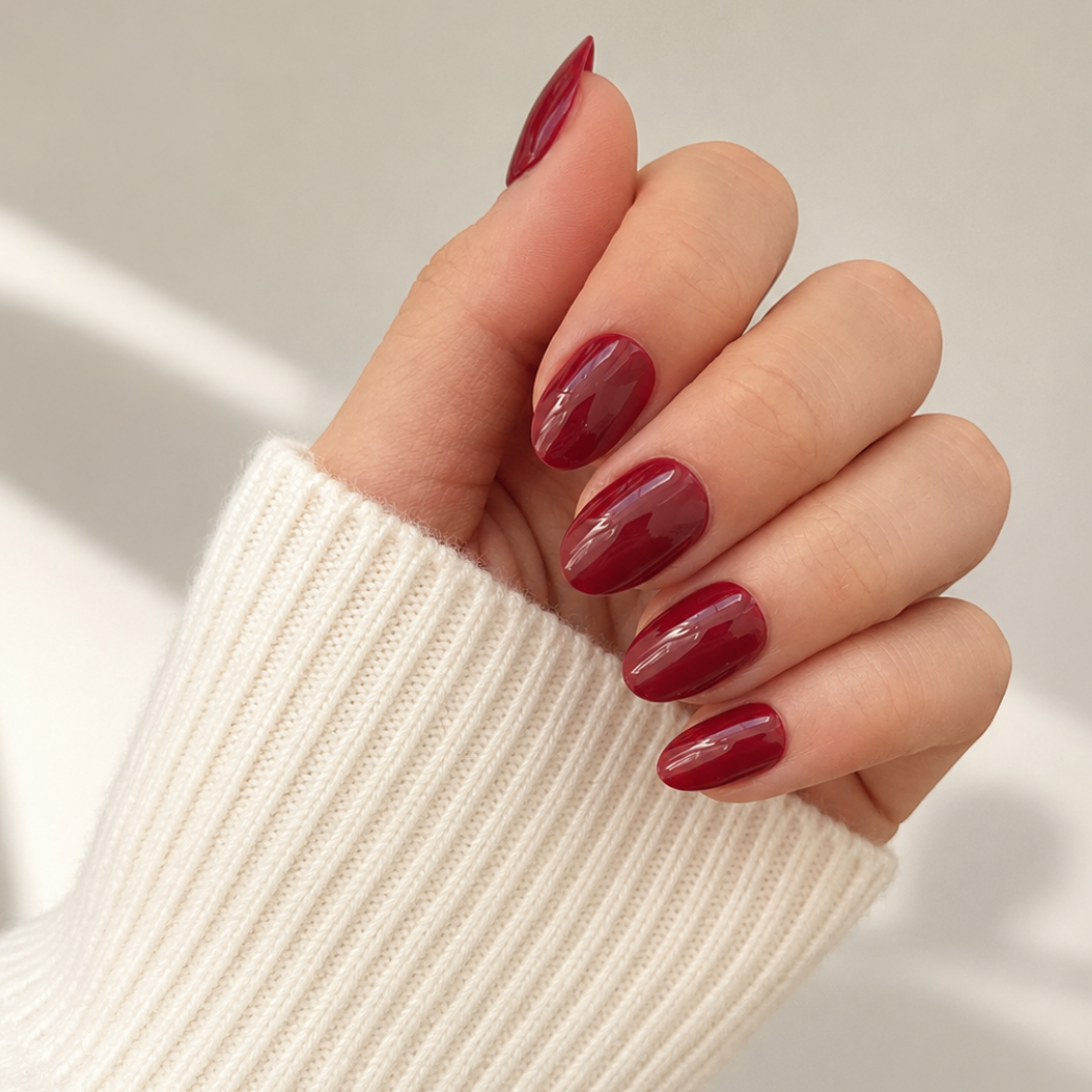 Berry Crush Almond Medium Press-On Nails — Glossy Cherry Red