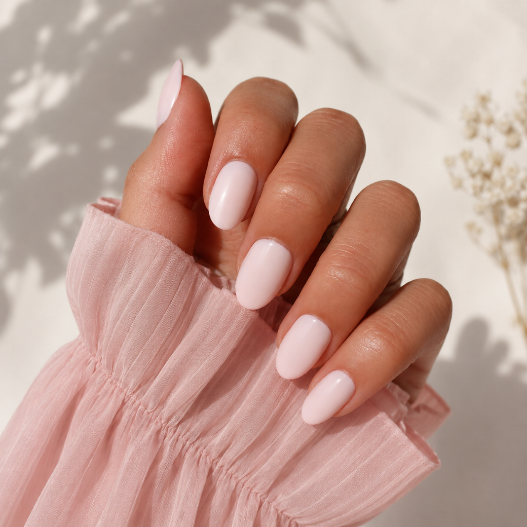 Glossy Petal Oval Short Press-On Nails — Nude Pink