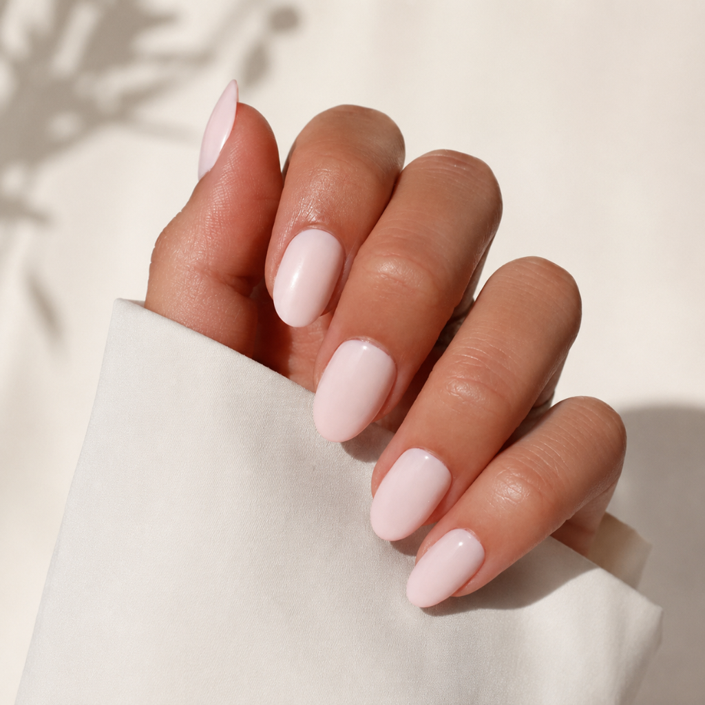 Glossy Petal Oval Short Press-On Nails — Nude Pink