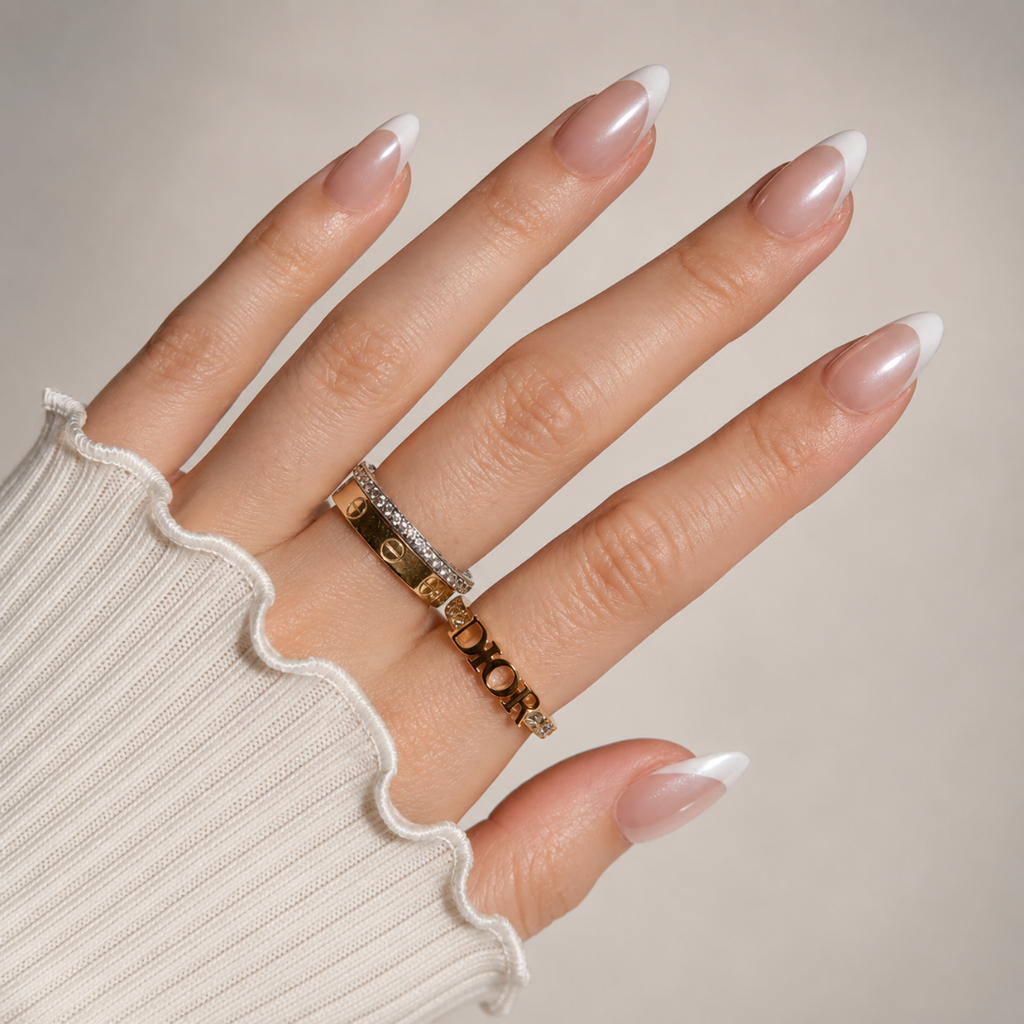 Pearl Muse Almond Medium Press-On Nails — Chrome French