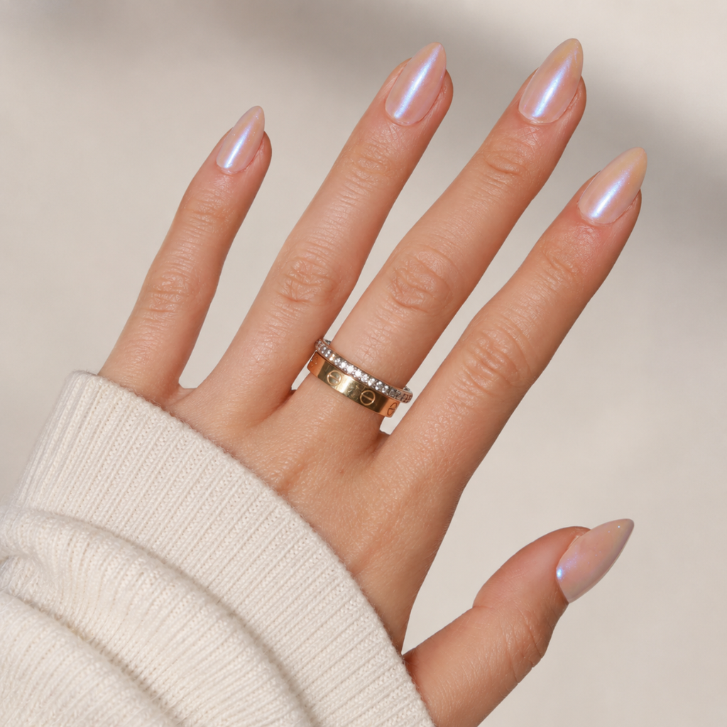 Angel Glow Almond Medium Press-On Nails — Iridescent Nude Pink