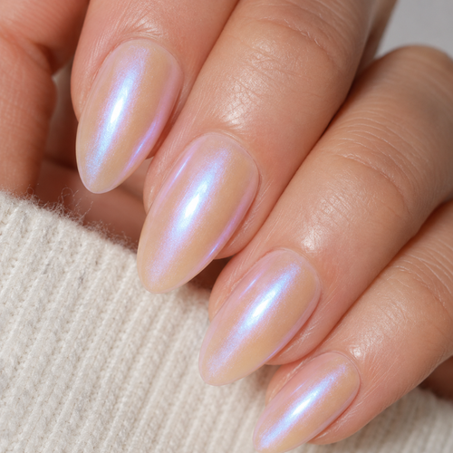 Angel Glow Almond Medium Press-On Nails — Iridescent Nude Pink