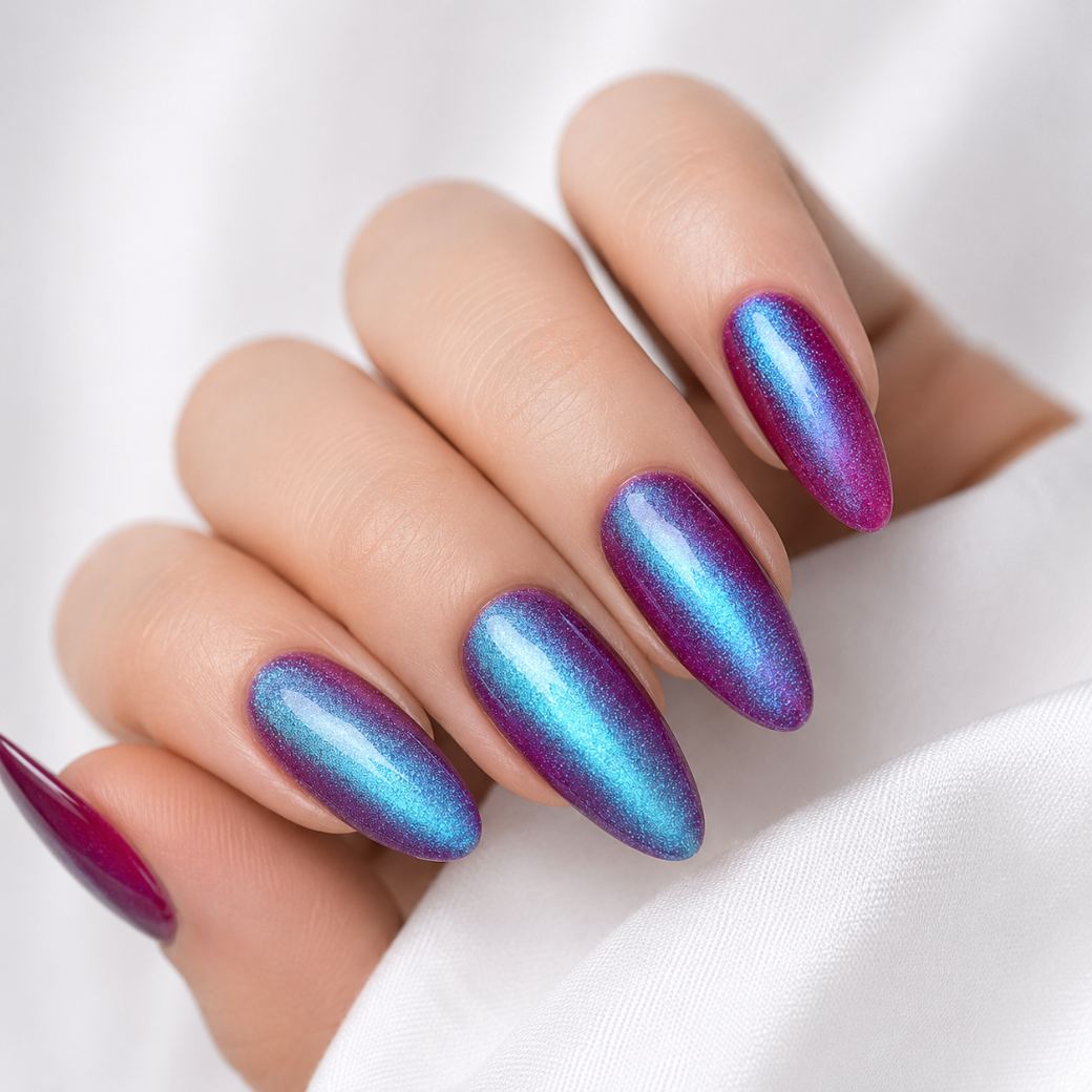 Devil's Kiss Almond Medium Press-On Nails — Glossy Purple Cat-Eye