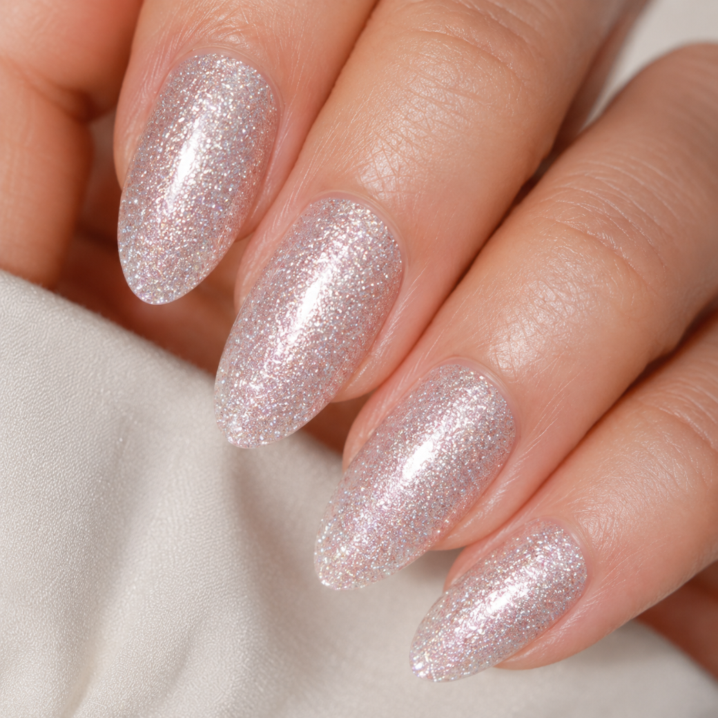Stardust Almond Medium Press-On Nails — Glitter Champagne