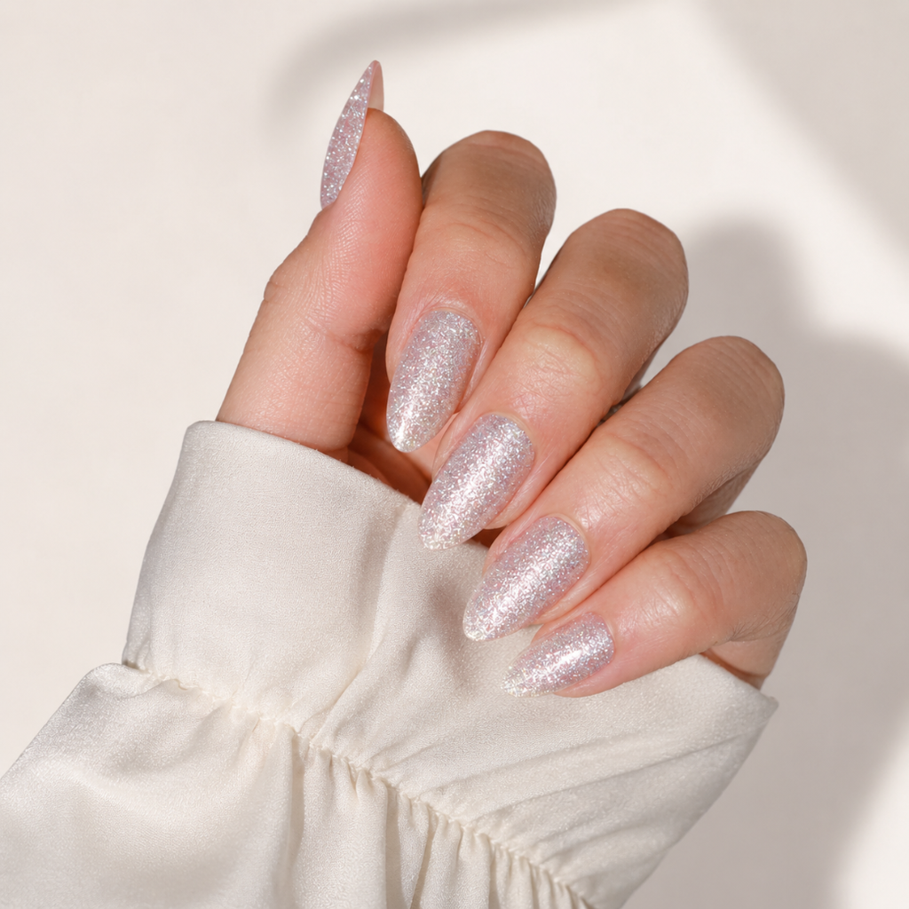 Stardust Almond Medium Press-On Nails — Glitter Champagne