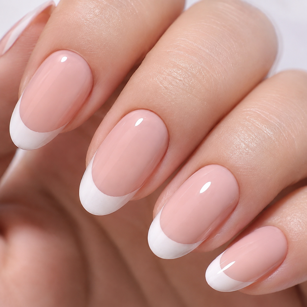 Classic Muse Almond Medium Press-On Nails — Glossy White French