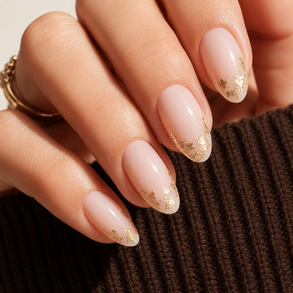 Gold Leaf Almond Medium Press-On Nails — Nude French