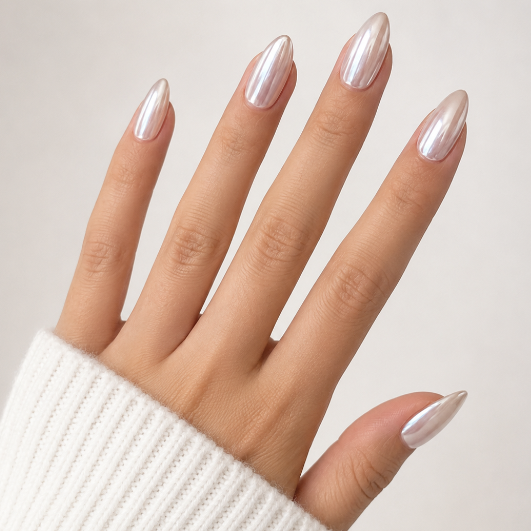 Pearl Veil Almond Medium Press-On Nails — Glossy Nude