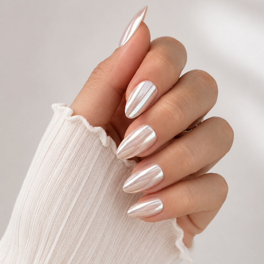 Pearl Veil Almond Medium Press-On Nails — Glossy Nude