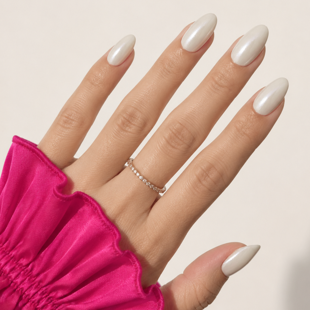 Moon Stone Almond Medium Press-On Nails — Pearlescent Ivory