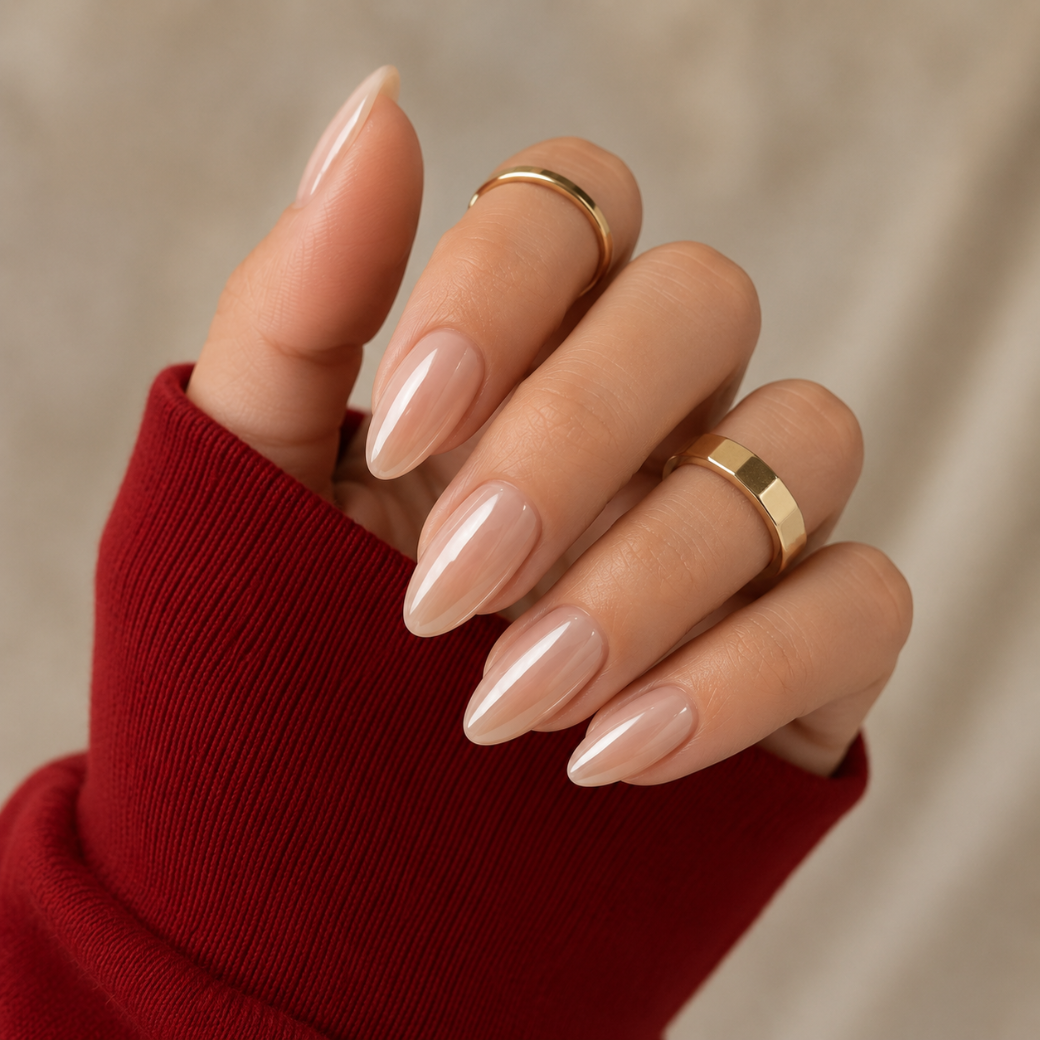 Champagne Glow Almond Medium Press-On Nails — Glazed Soft Nude
