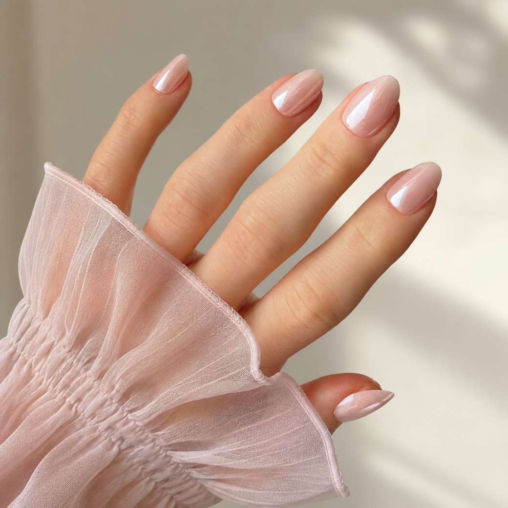 Pink Pearl Oval Short Press-On Nails — Glossy Chrome