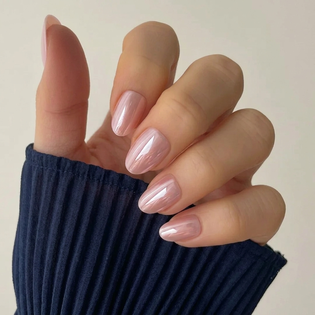 Pink Pearl Oval Short Press-On Nails — Glossy Chrome