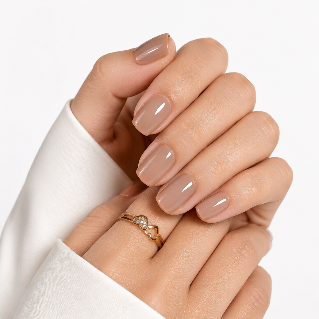 Cappuccino Luxe Square Short Press-On Nails — Glossy Nude