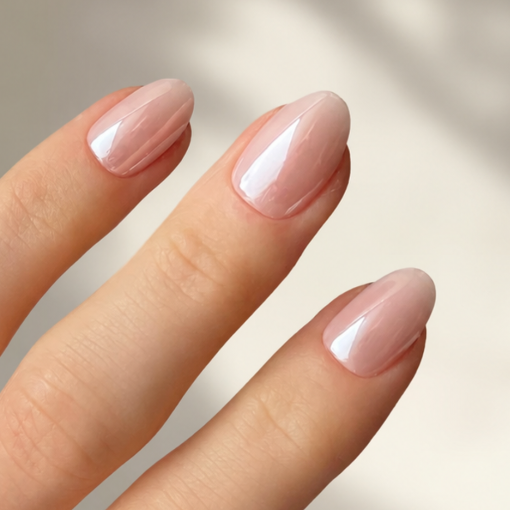 Pink Pearl Oval Short Press-On Nails — Glossy Chrome