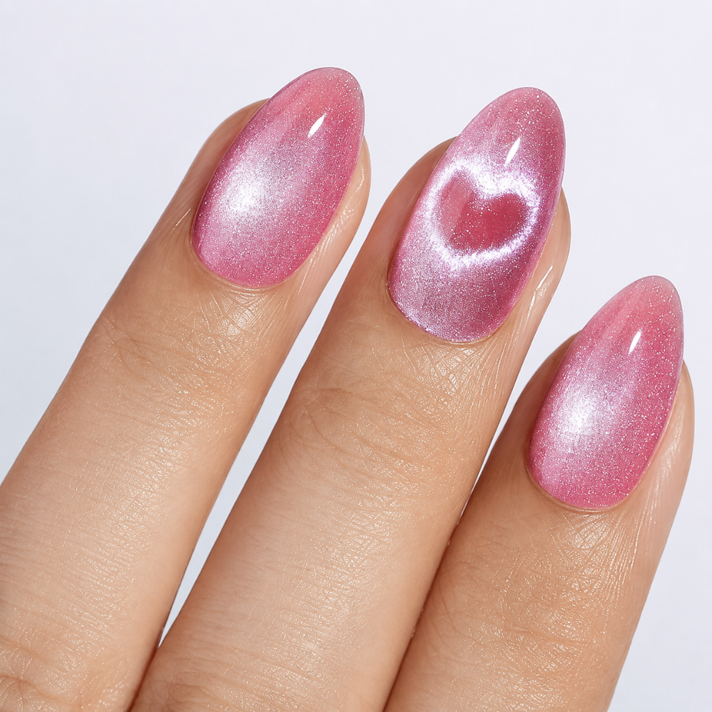 Rose Aura Almond Medium Press-On Nails — Cat-Eye Shimmer