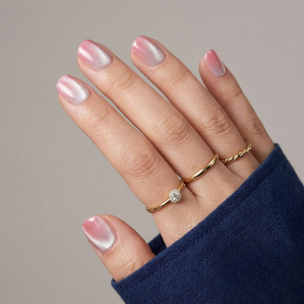 Blushing Pearl Extra Short Natural Press-On Nails — Cat-Eye Ombre