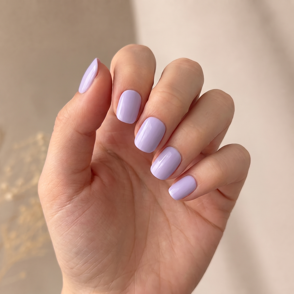 Lavender Haze press-on nails — worn lifestyle hero