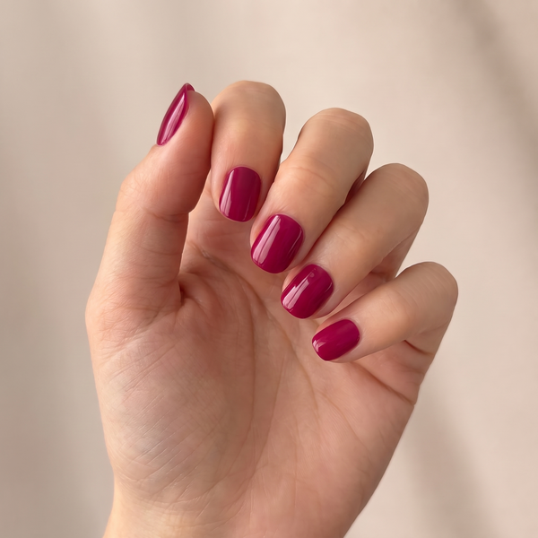 Cranberry press-on nails — worn lifestyle hero