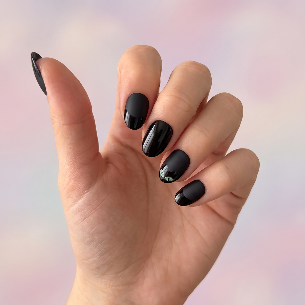 Black Cat press-on nails — worn lifestyle hero